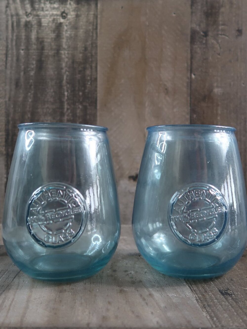 Pair of San Miguel Recycled Glass Tumblers Stemless Wine Glass Blue Tint